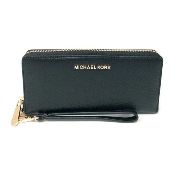 S Michael Kors Large Continental Wallet Black Gold Wristlet 35T7GTVE7L NWT $298 - Picture 1 of 9